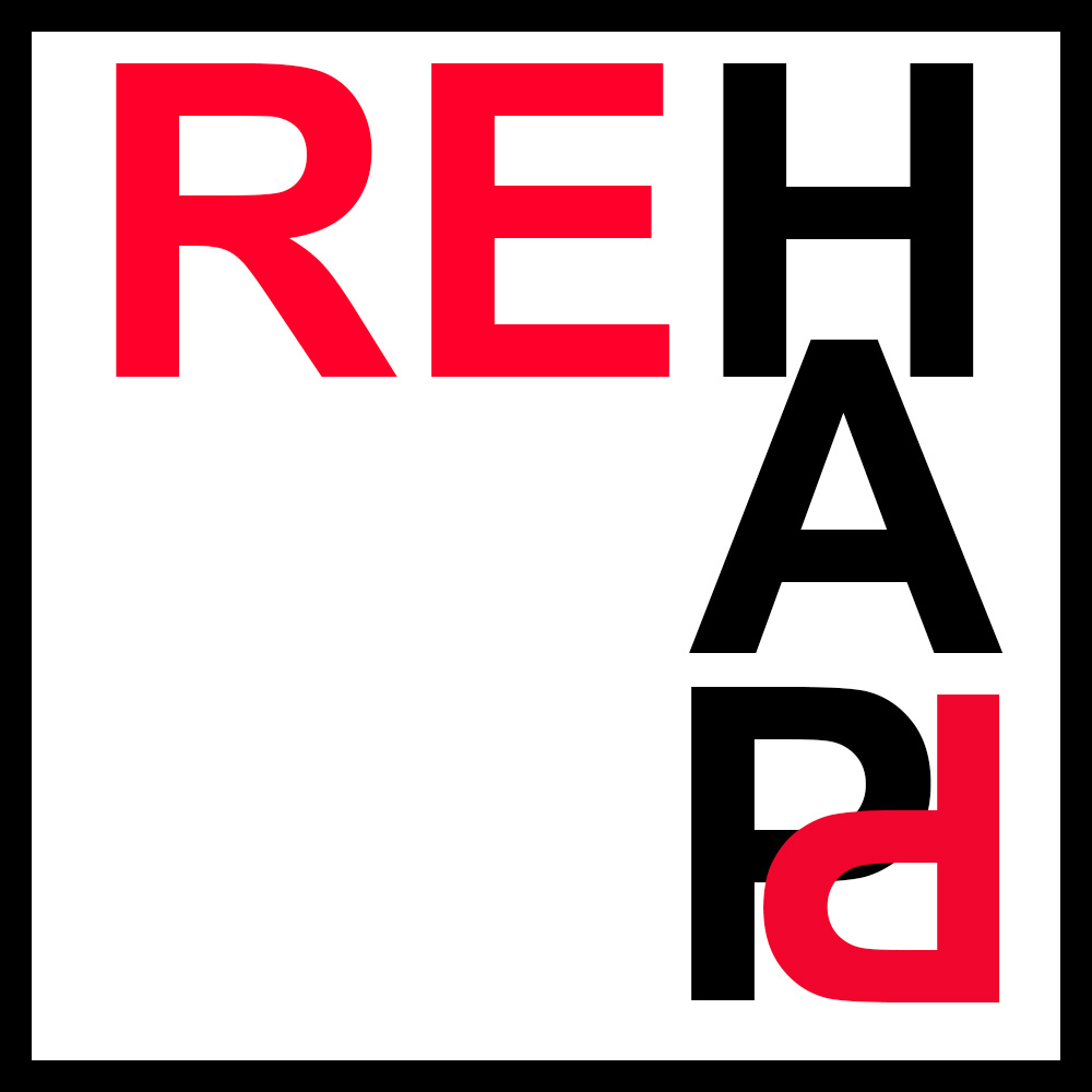 Logo featuring the word "REHAB" with "RE" in red on the top left, and "HAB" arranged vertically in black on the right side, with the final "B" mirrored/reversed and partially in red, all on a white background with a black border.