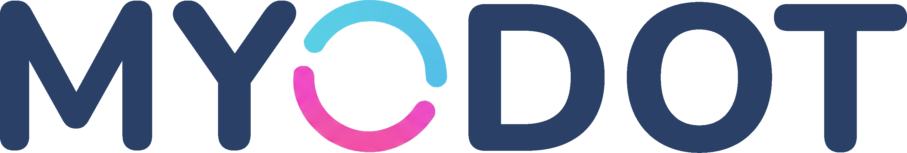 MyDot logo featuring bold dark navy blue text with a circular icon between "MYO" and "DOT" consisting of two overlapping arcs in cyan blue and magenta pink forming a stylized letter O.