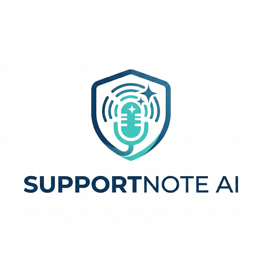 SupportNote AI - blue shield containing a microphone and sparkles above the bold company name.