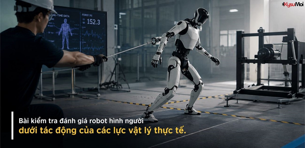 Bài kiểm tra đánh giá robot hình người dưới tác động của các lực vật lý thực tế.
