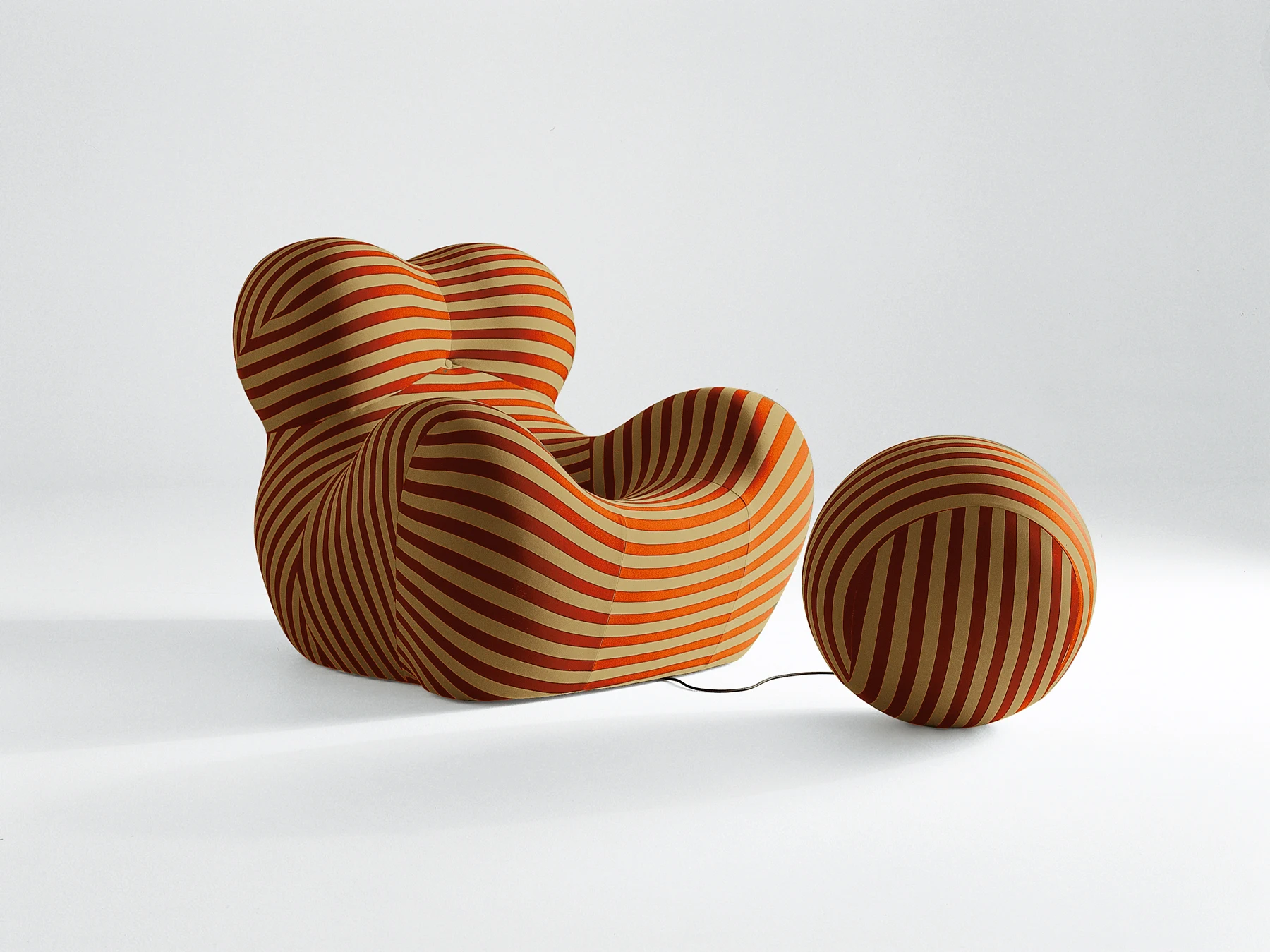 B&B Italia 'La Mamma' Up 5 & 6. The original Up collection (1969) was a collaboration between Pesce and C&B Italia (the company from which B&B Italia evolved). Up 5 was updated and reproduced by B&B Italia in 2000 with the striped 'La Mamma' upholstery as part of the collection. Image courtesy of B&B Italia.