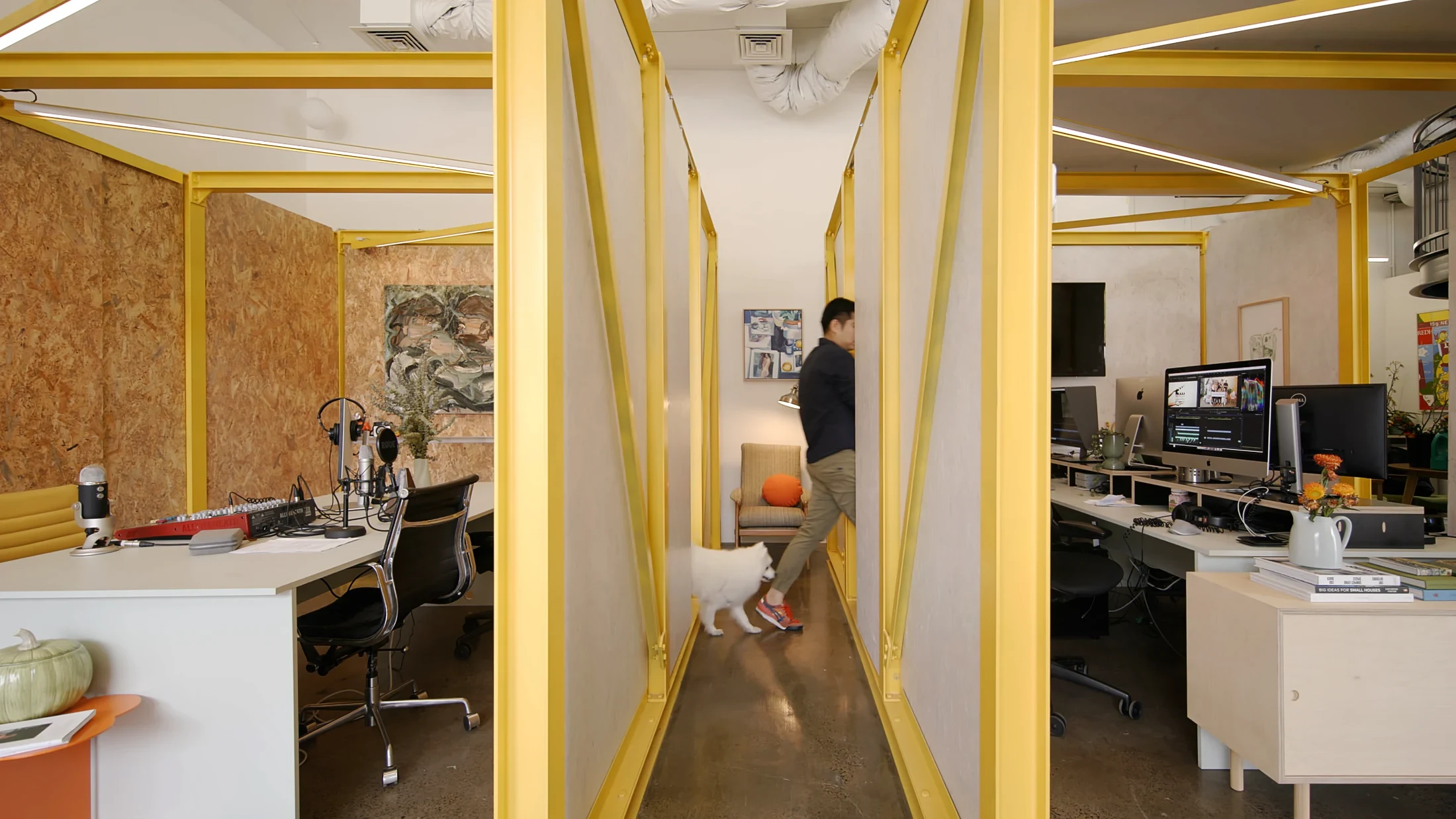 The yellow powder coated steel and oriented strand board (OSB) repurposeable 'pods' Studio Edwards designed for Never Too Small's low-waste former studio. Images: Never Too Small.