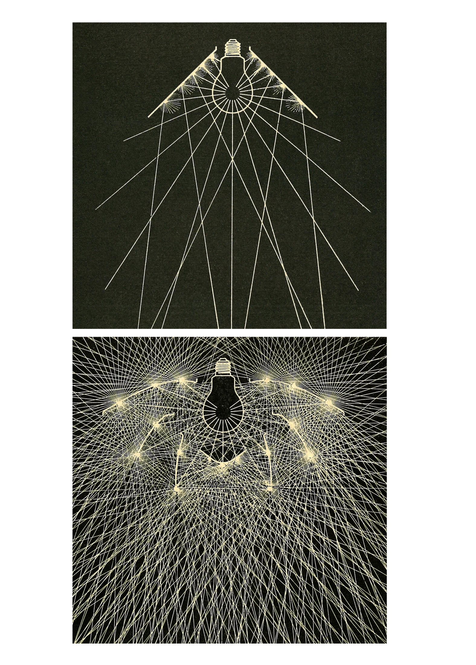 Drawings from the 1920s comparing how light is reflected within a traditional trumpet screen lamp with a single conical shade and the three-shade PH lamp. Image: Courtesy and copyright © Louis Poulsen.