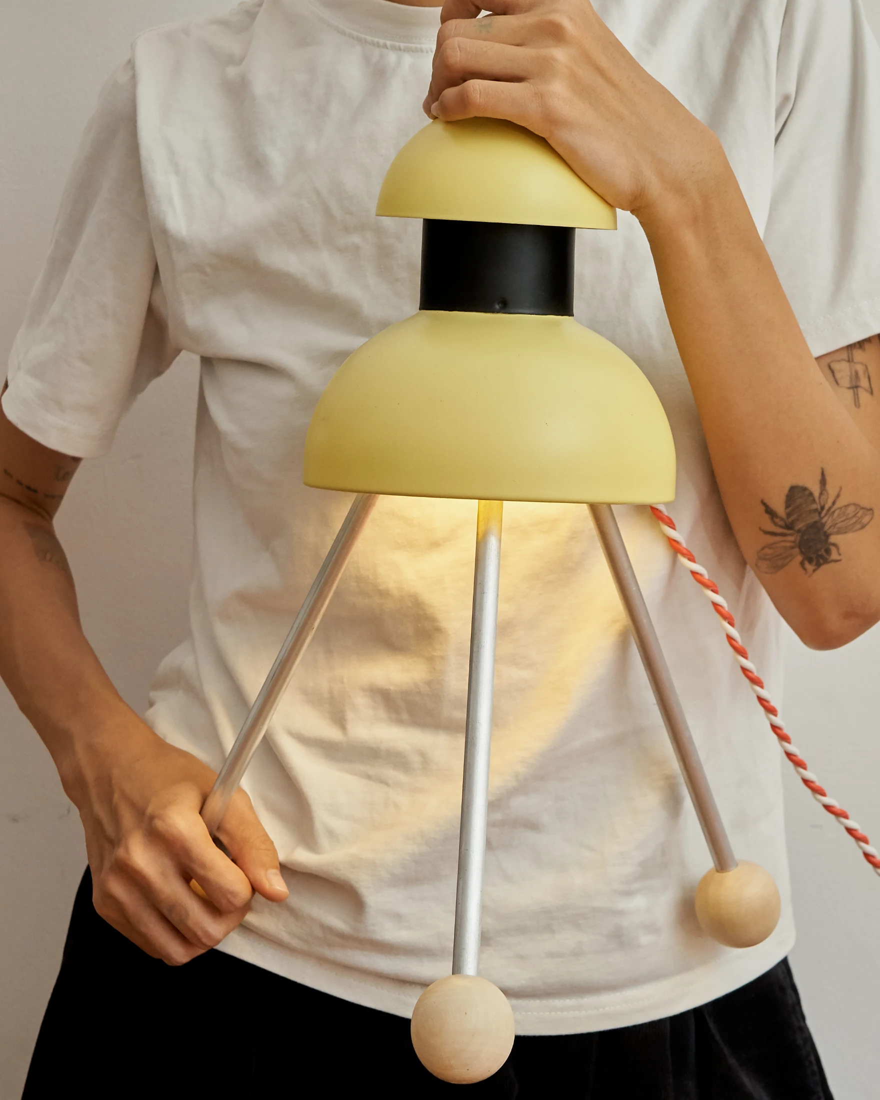 4BIBI lamp (2024). Made from painted steel, aluminium and pine wood.
