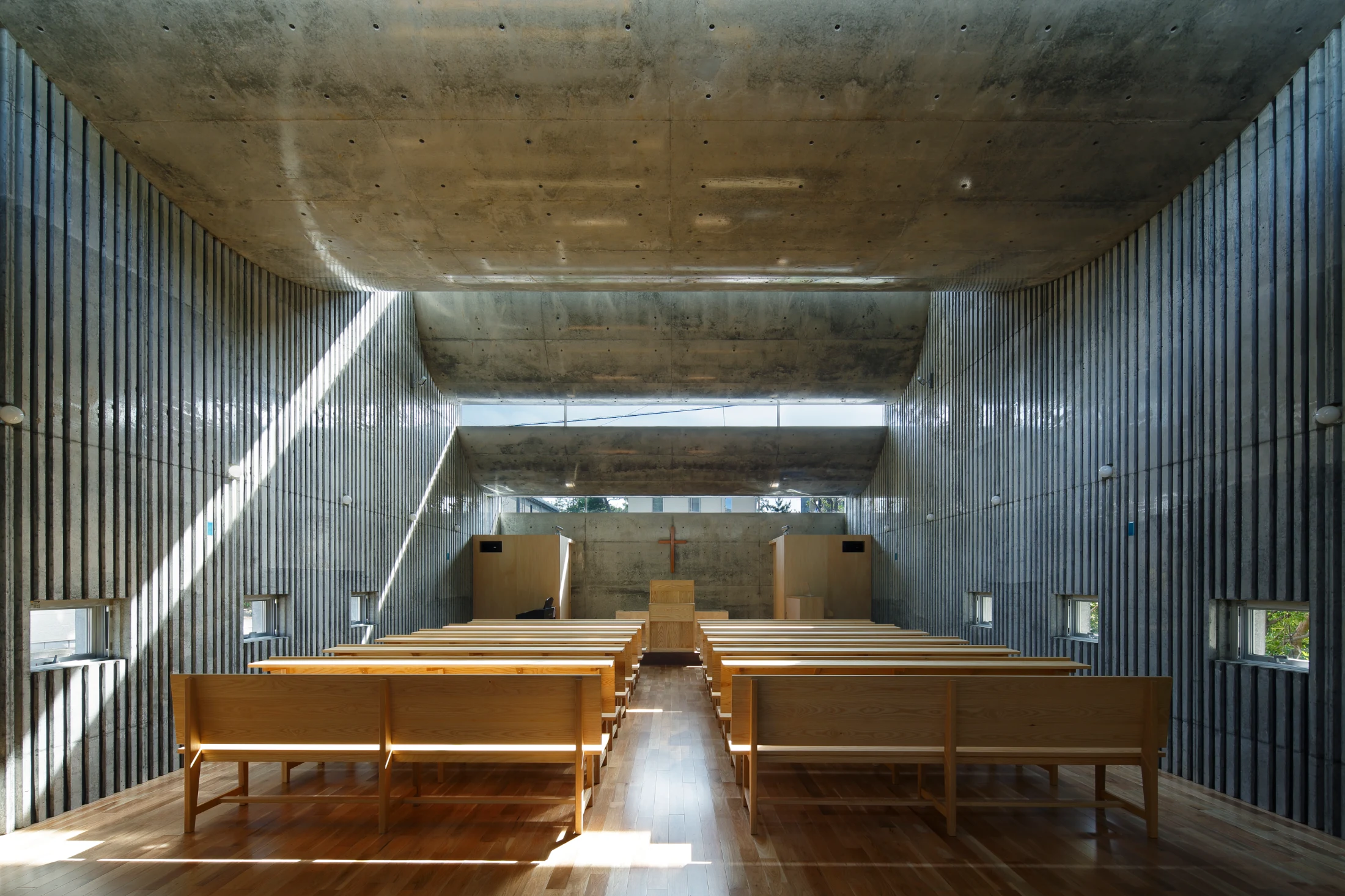 The ceiling of Shonan Christ Church (2014) has been designed to manipulate sunlight and daylight and their influence on the space, particularly during Sunday services. Image: Nacasa & Partners Inc.