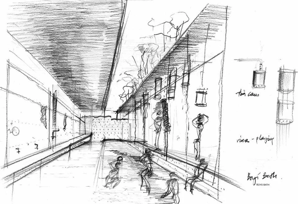 One of Sek San's sketches of the Dhammagiri Foundation Orphanage's bathrooms, featuring recycled tin can shower heads. Image courtesy of Seksan Design.