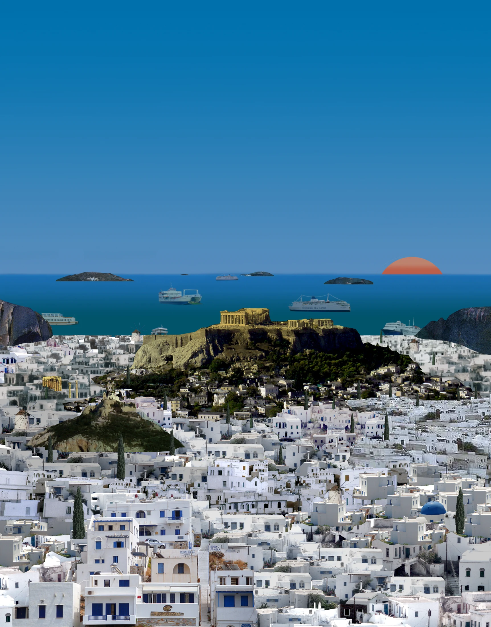 Athens As An Island (collage) imagines the city's landscape as a classical Mediterranean island. Image: Point Supreme.