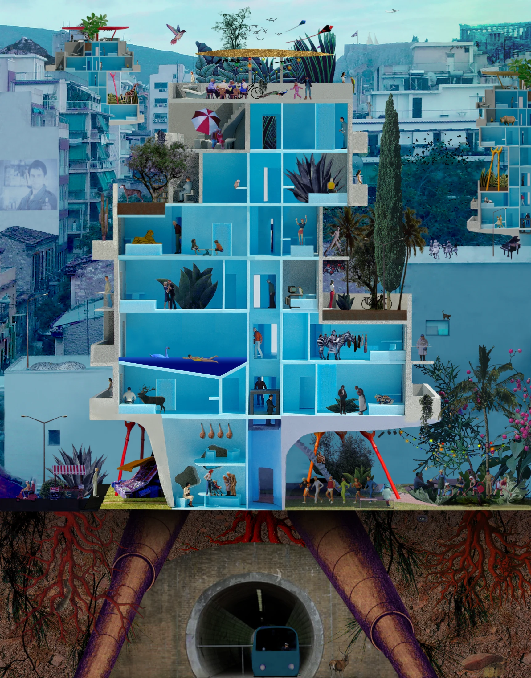 Athens as Polikatikia (collage) depicting the city of Athens characterised by its ubiquitous