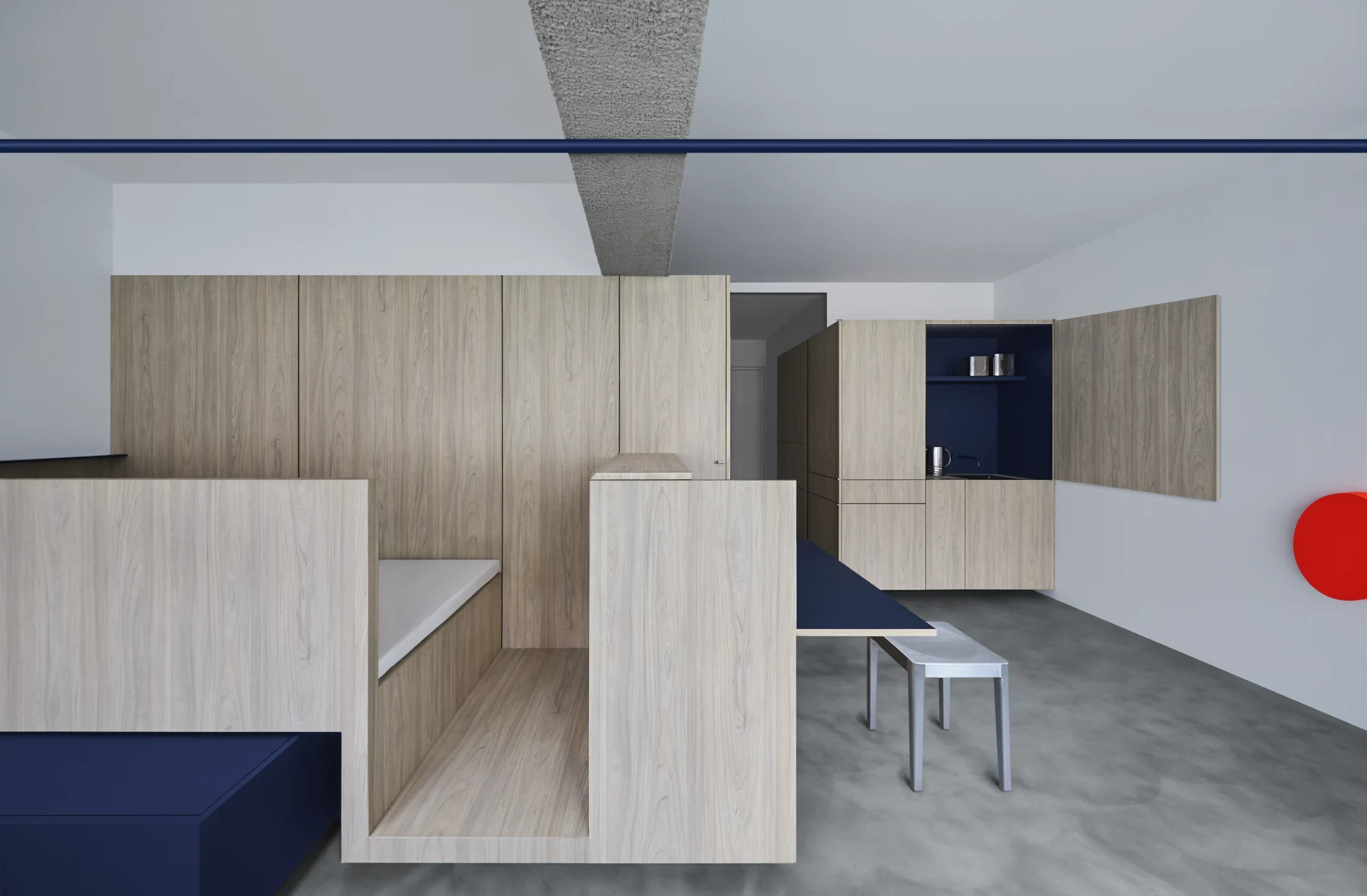 As the apartment's owner and namesake doesn't cook a lot, William Chan's kitchen design for Alex is compact and highly unconventional. The working parts of the kitchen can be completely concealed. The joinery units that house the kitchen are meticulous in