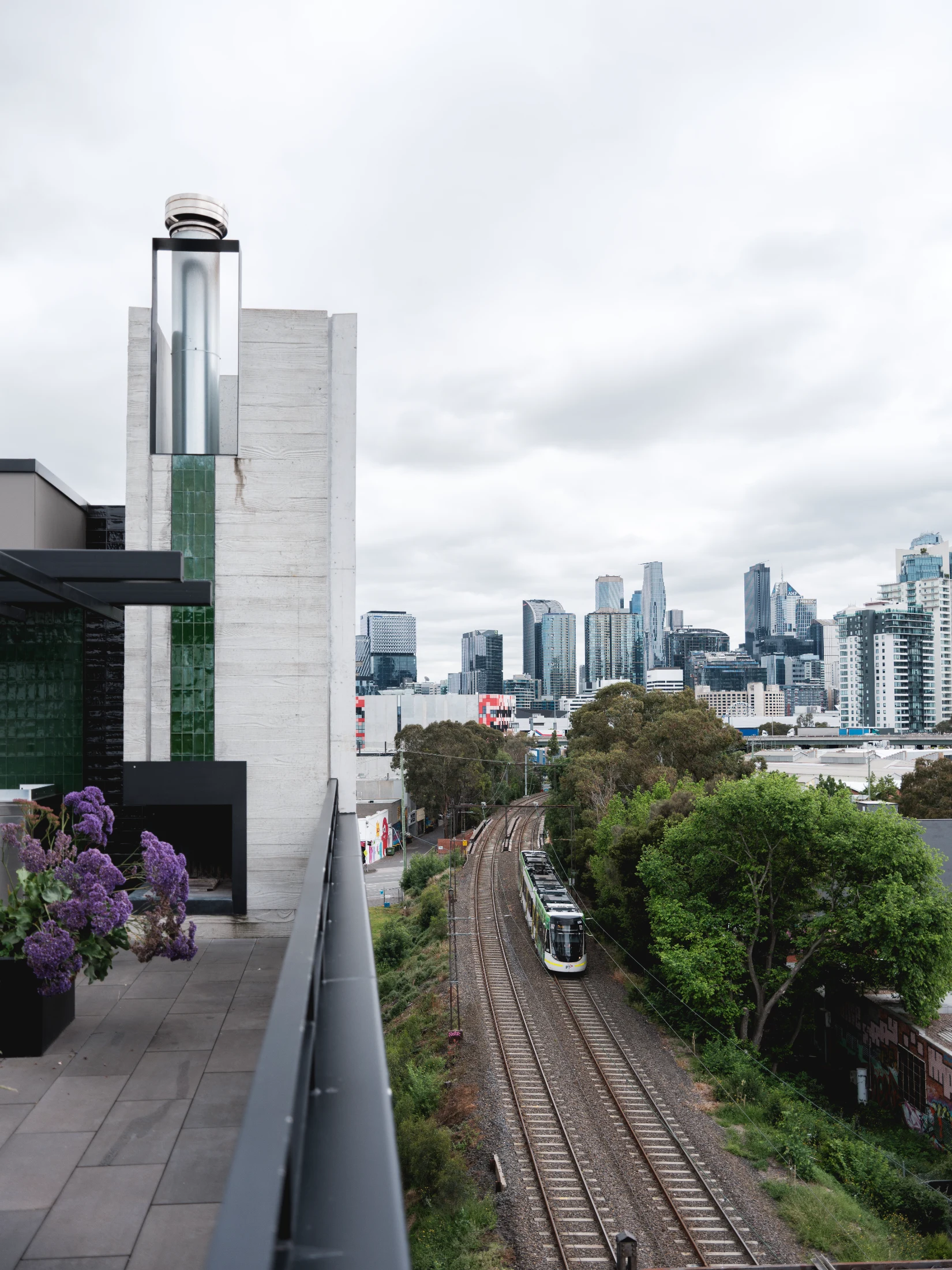 City views along the train line from Ferrars & York's communal rooftop. Photo: Nam Tran.