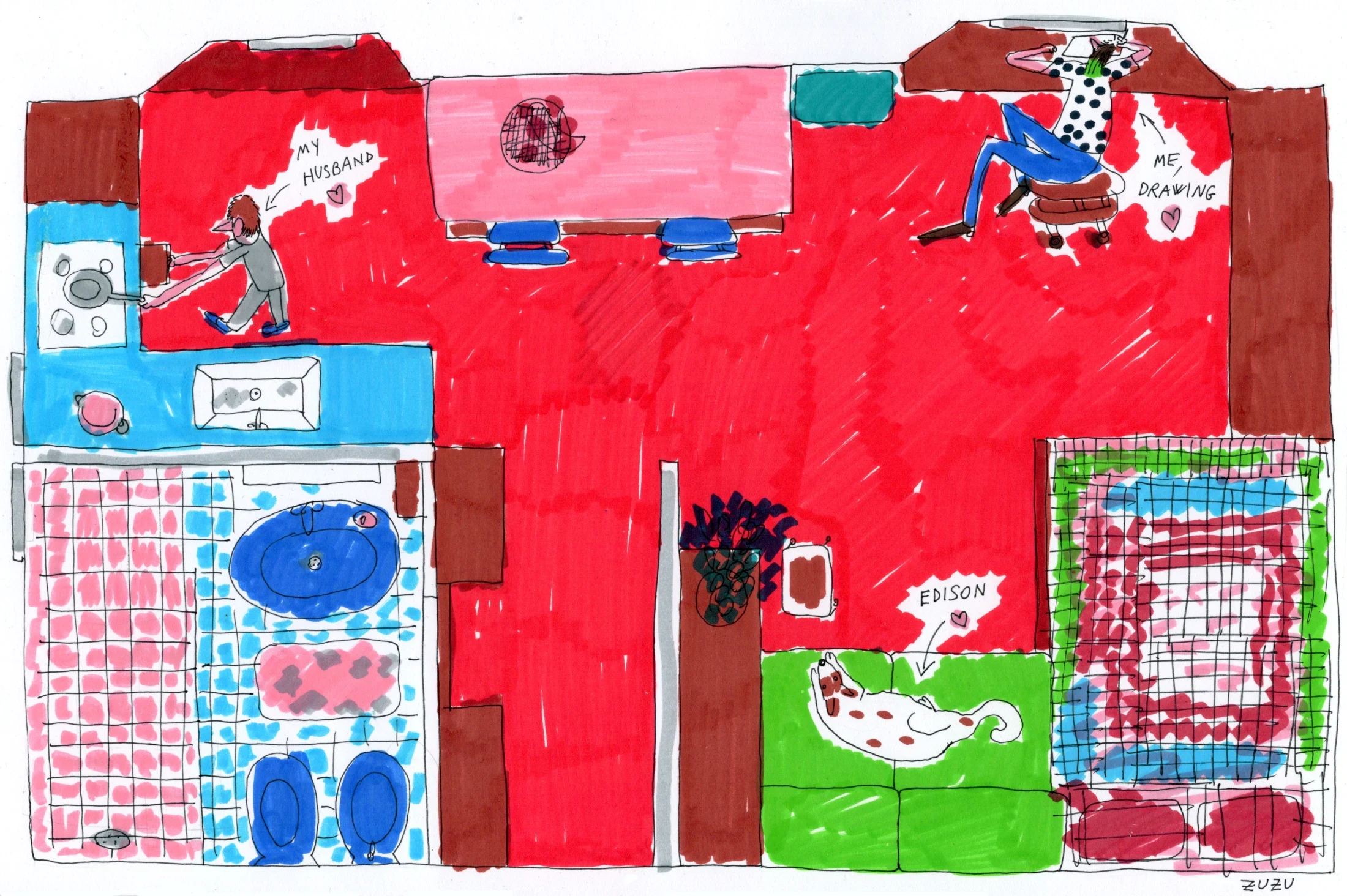 ZUZU's illustrated floorplan of her apartment.