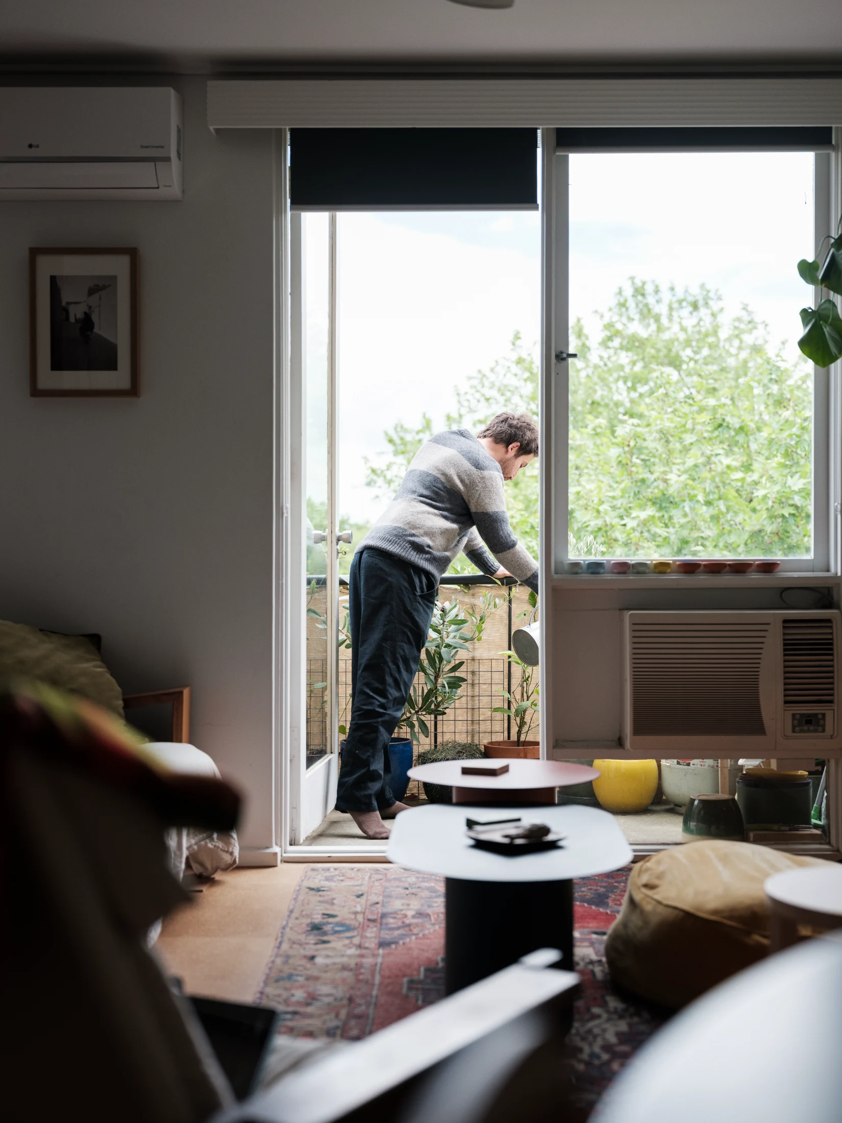 As well as bringing in light and 'borrowed garden' views, the balcony is home to a small garden of plants.