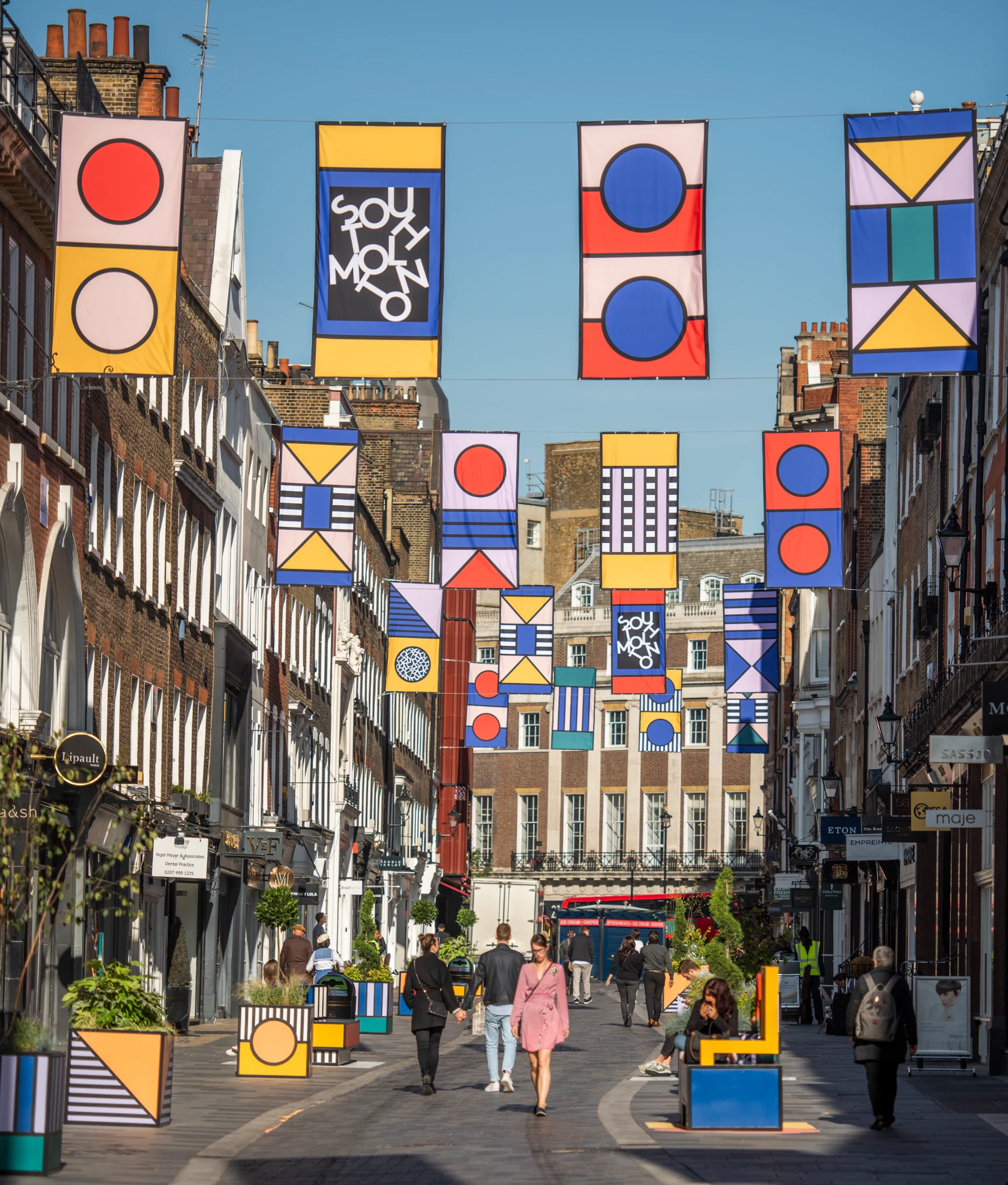 As well as benches and planters, Walala Lounge also features colourful, playful flag designs. Image: Charles Emerson.