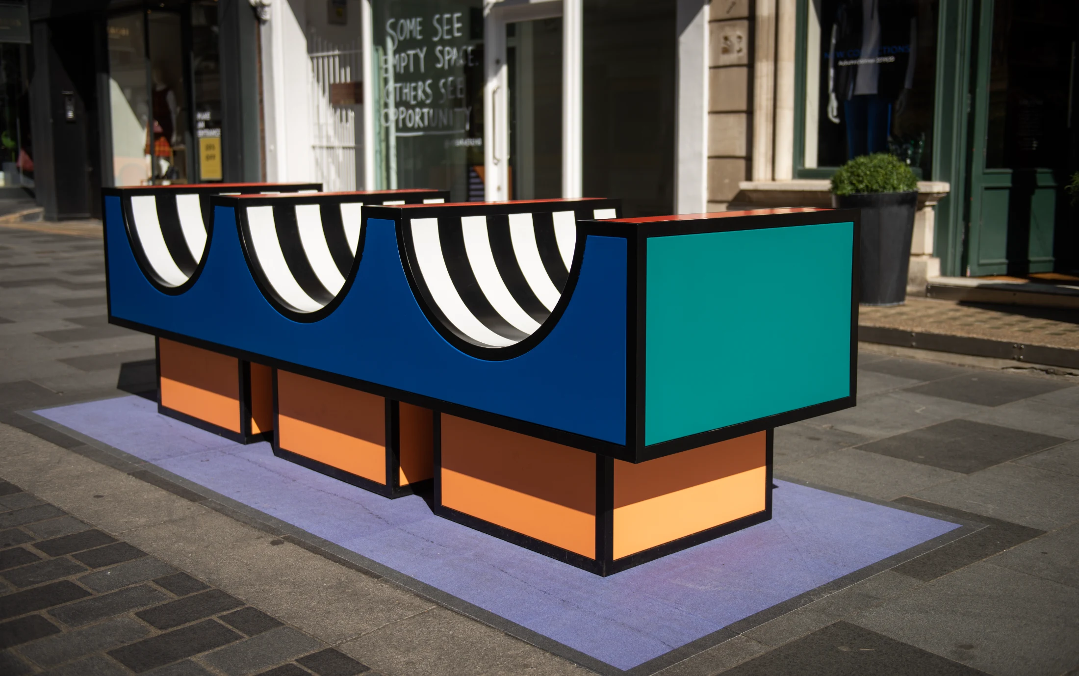 Camille's 2019 installation Walala Lounge features colourful geometric benches on central London's South Molton Street. Image: Charles Emerson.