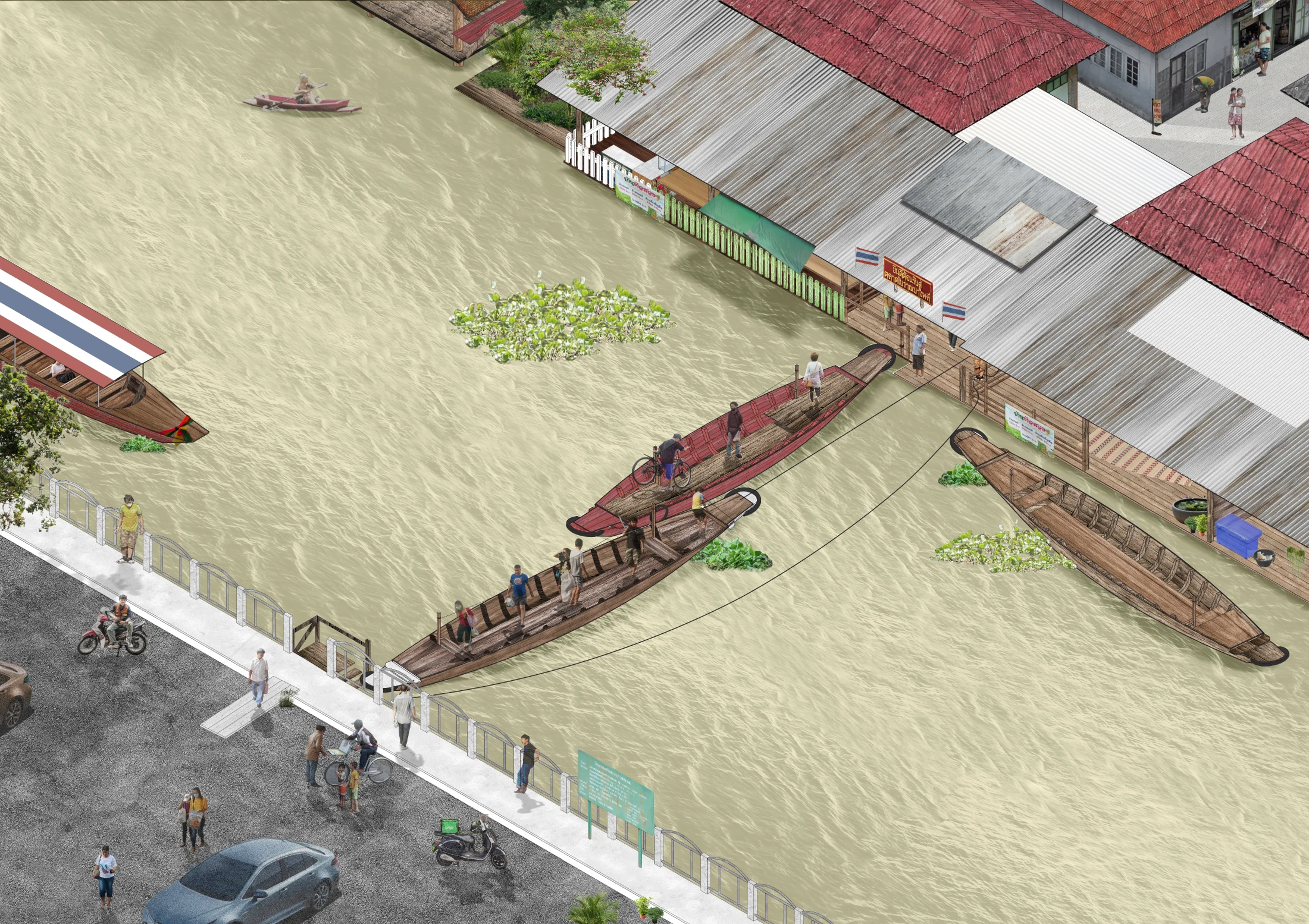 The Boat/Bridge 'Bastard': the ingenious pedestrian bridge near Bangkok's Bang Plee Floating Market that allows pedestrians to cross but watercraft to pass through when needed too. Drawings: Chat Architects.