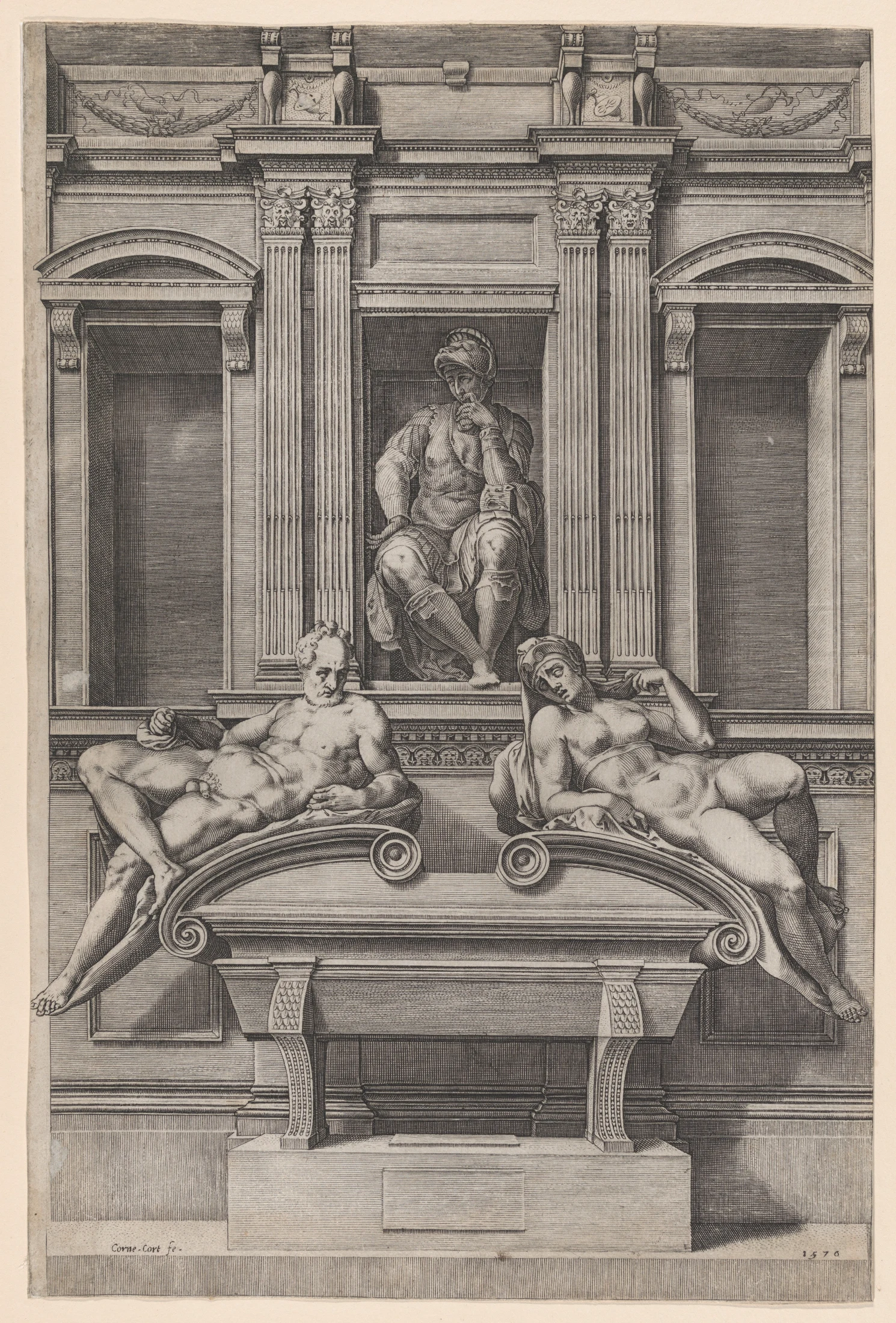The Tomb of Lorenzo de' Medici from The Tombs of the Medici (1570) as rendered by Dutch engraver Cornelis Cort. Image courtesy of The Metropolitan Museum of Art.