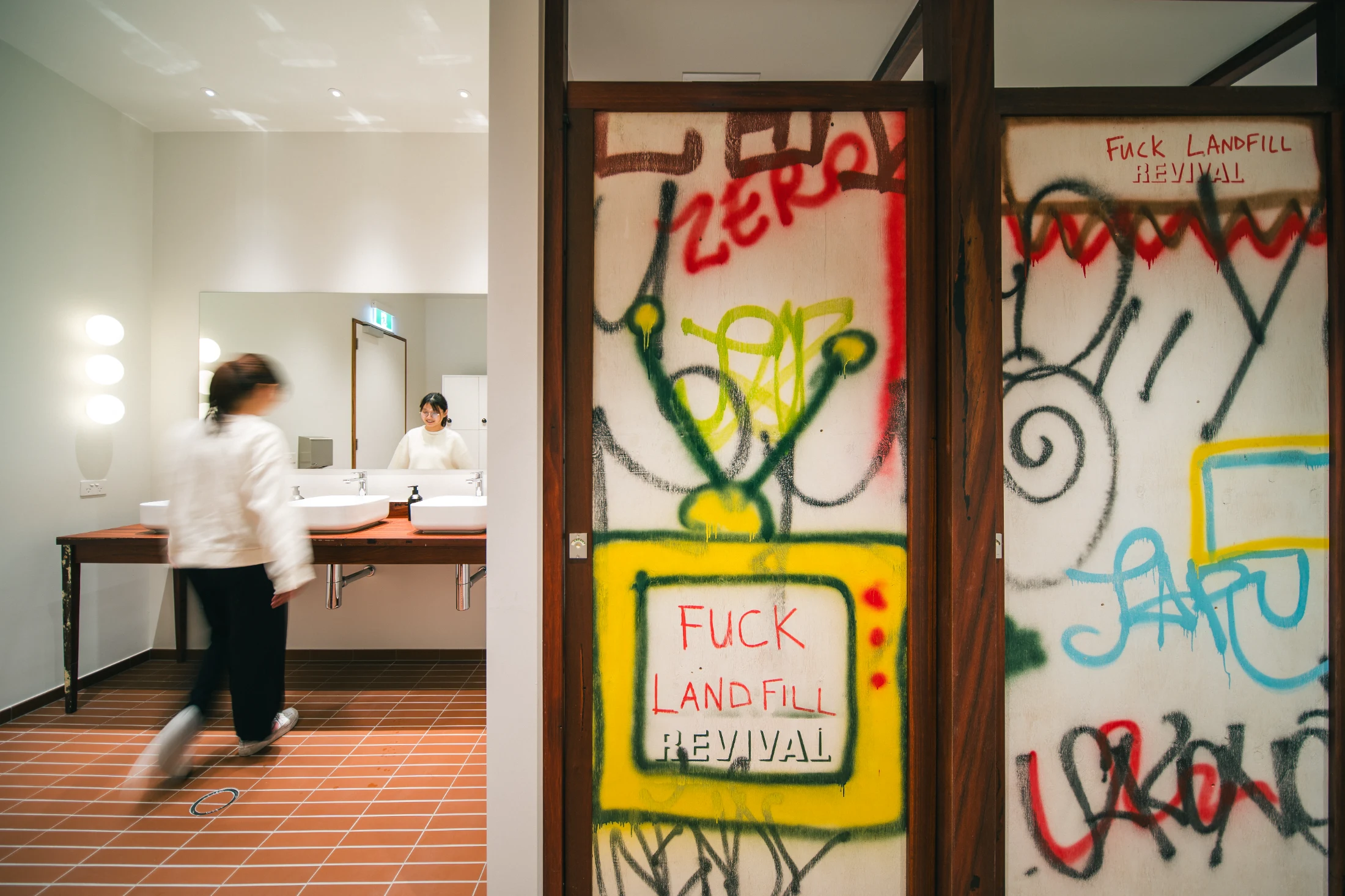 The toilet doors (many people's favourite feature of the Easey St building) were constructed from the plywood sheets originally used for scaffolding with the graffiti left in tact.