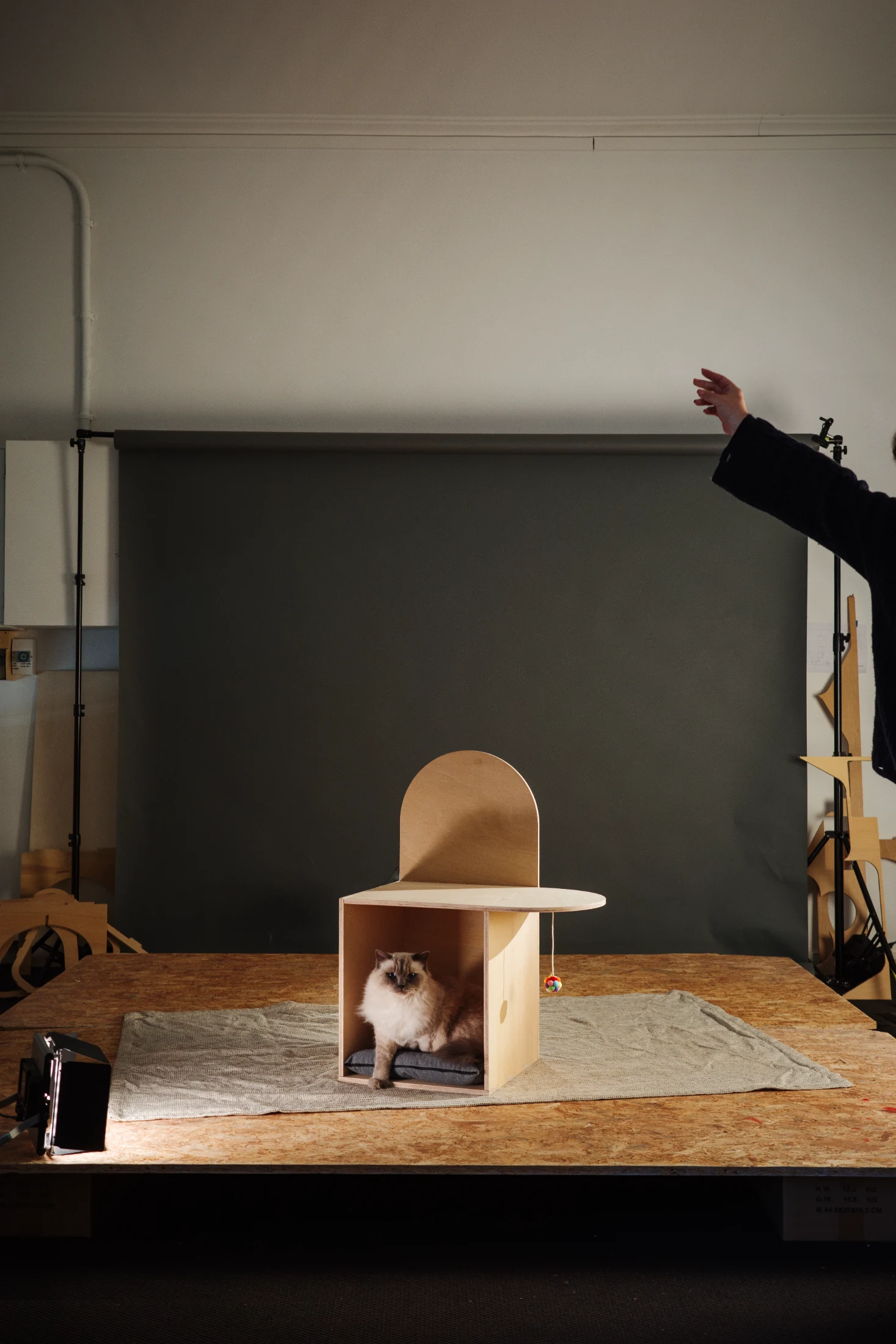 'Pet-level' – designed by Jack Mama and Nina Tolstrup of London's Studiomama – is constructed from five panels that slot together to make up its multifunctional form. Part chair, part pet house or storage unit, it features an integrated side table or cat p