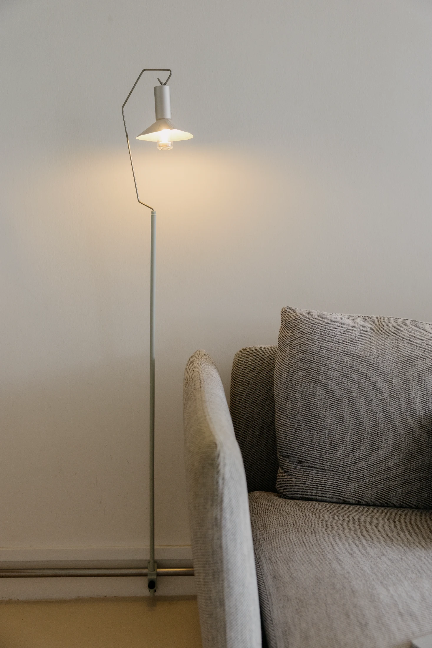A handsome camping light stands in as the couple's floor lamp in their living room.