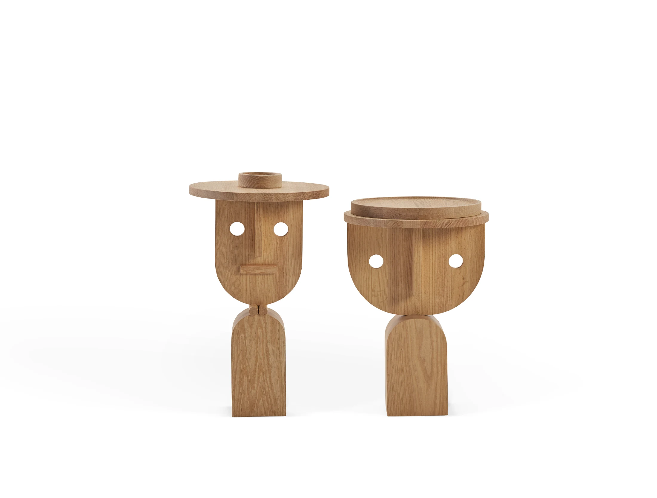 Yong's 2023 Faces collection for SANCAL is a series of playful mask-like oak side tables. Blurring the lines between imagination and design, Yong's design and conception during the pandemic. Image: Nathan Yong Design.
