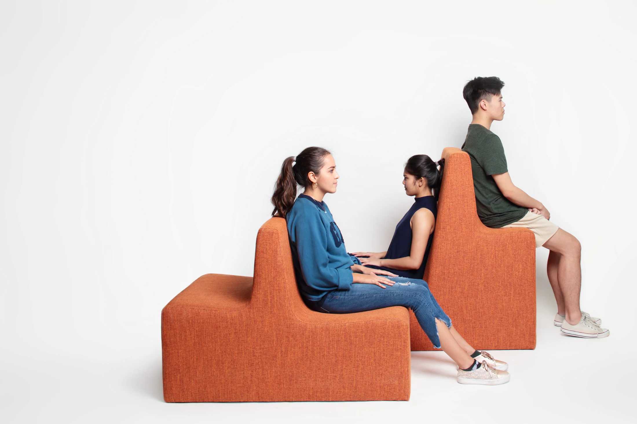 Commissioned by LASALLE College of the Arts, SCAPE (2018) was designed to be a modular, mutlifunctional sofa that provides different seating heights for students. Image: Nathan Yong Design.