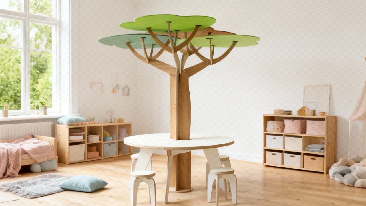 Bright children's playroom with wooden table and stools featuring a tree-shaped centerpiece with green canopy.