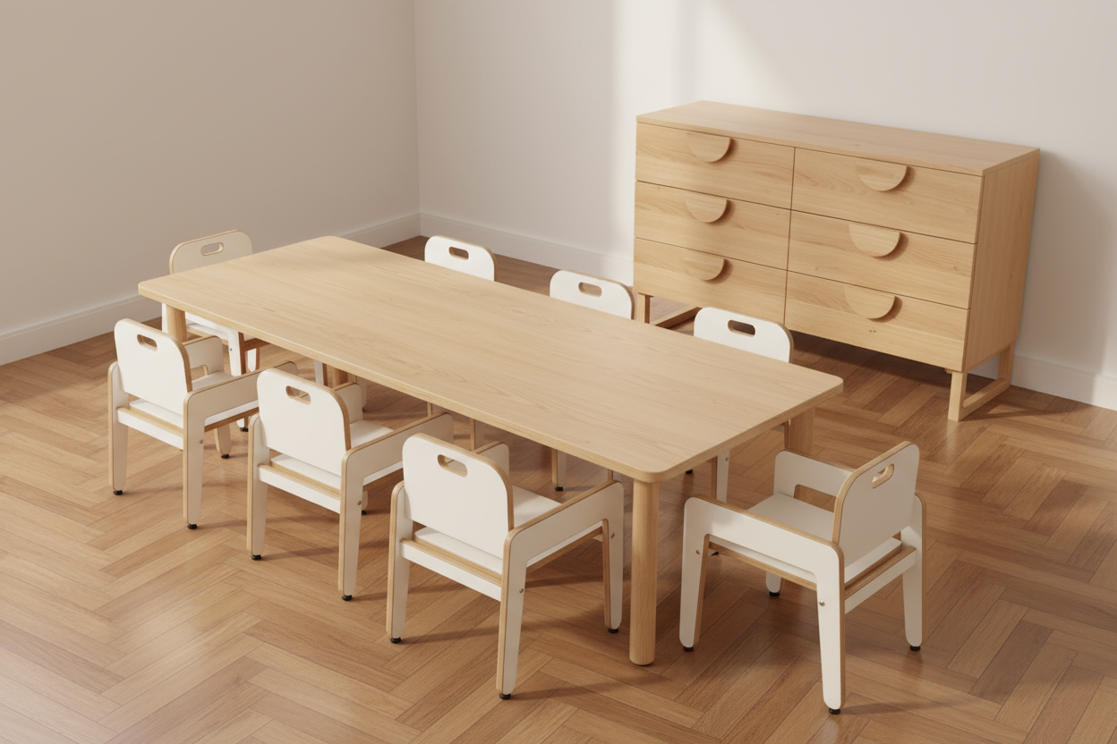 Minimalist wooden table with eight small white chairs around it and a wooden sideboard with drawers against a white wall on wood parquet floor.