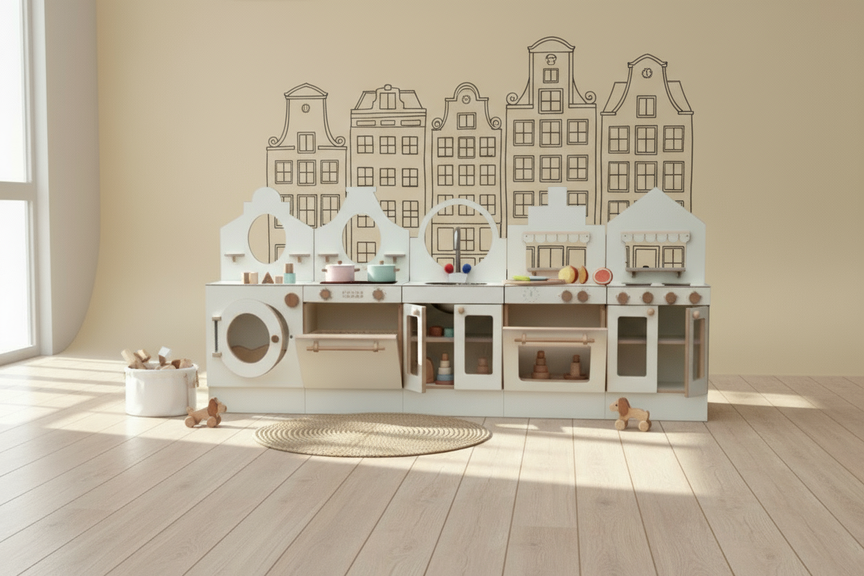 Children’s white wooden play kitchen set with multiple compartments and toy food, against a beige wall with outlines of European-style building facades.