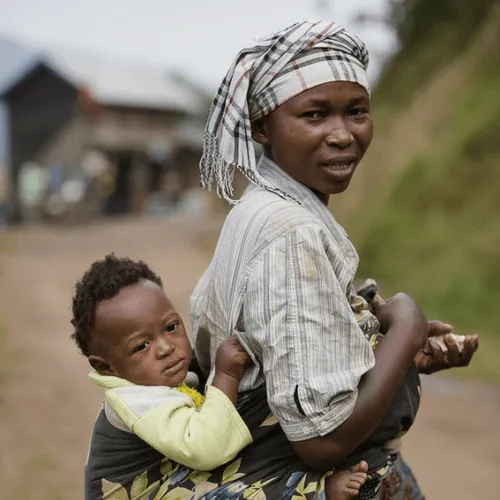 Mother with child on her back