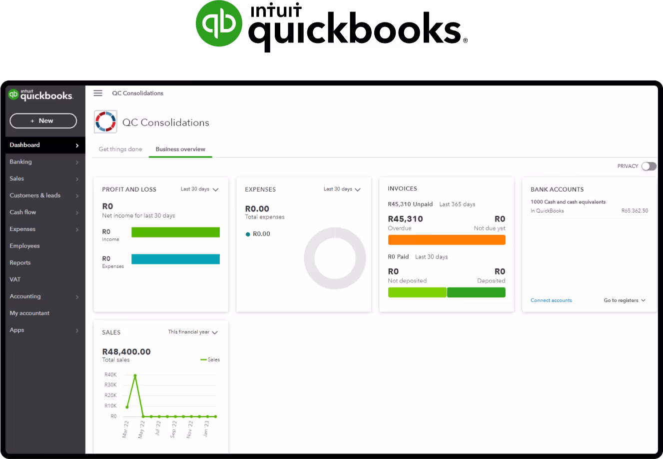 QuickBooks dashboard showing QC Consolidations overview including profit and loss, expenses, invoices, bank accounts, and sales graph.