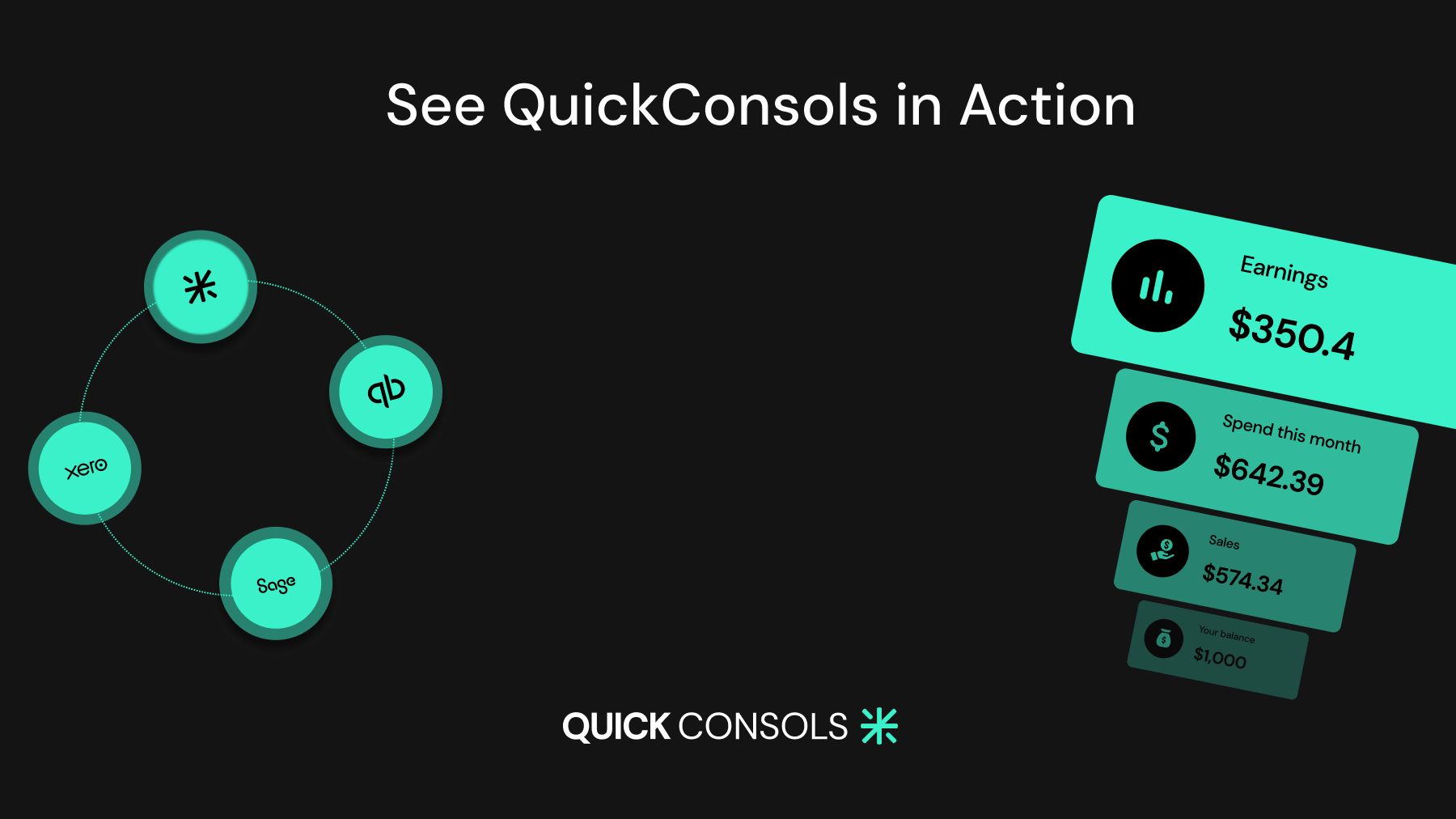 QuickConsols interface showing connected services and financial metrics like earnings and sales.