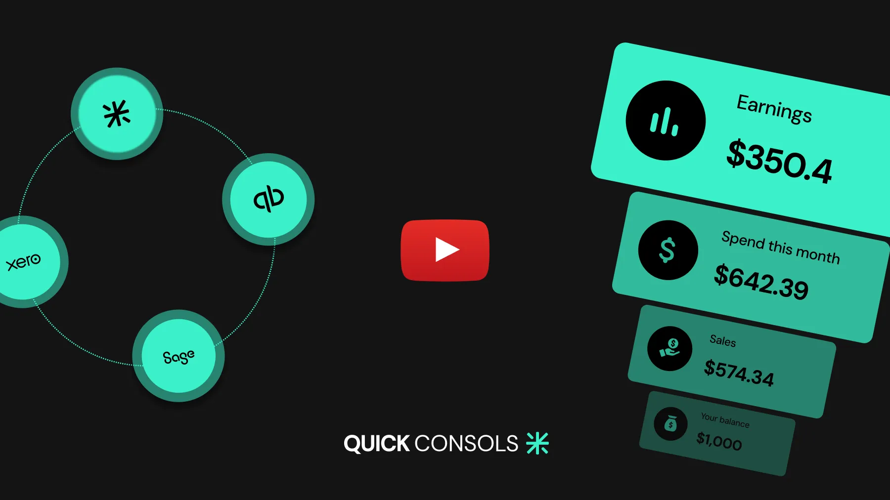 Financial app dashboard showing earnings, spend, sales, and balance with app logos connected by dots.