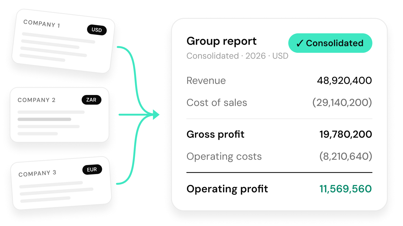 Three company reports in different currencies consolidating into one group report showing revenue and profit figures.