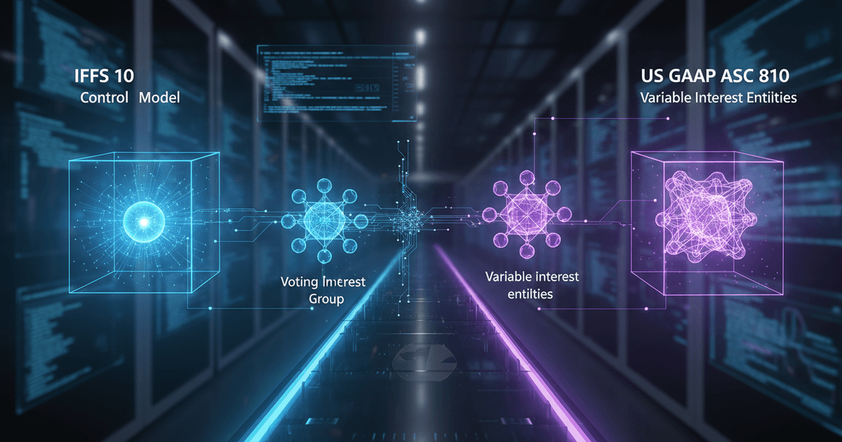 abstract digital illustration showing two contrasting financial consolidation models representing IFRS 10 and US GAAP ASC 810 for group financial consolidation