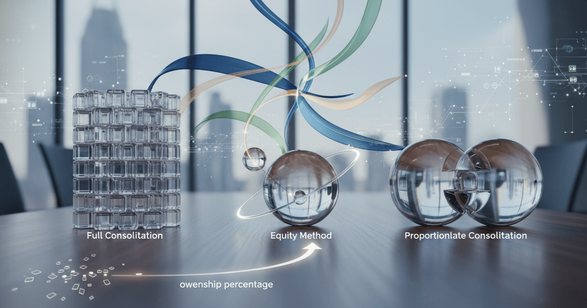 diagram illustrating three group financial consolidation methods with icons representing control levels and influence