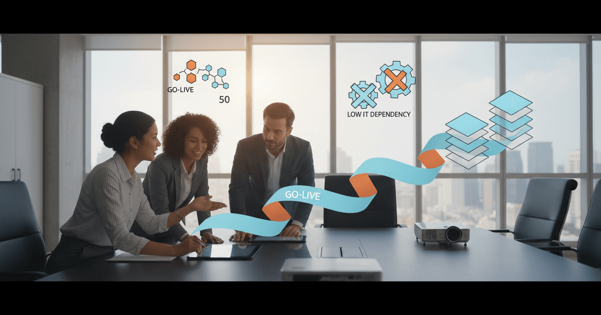 business team reviewing financial consolidation software demo on laptop in modern office setting