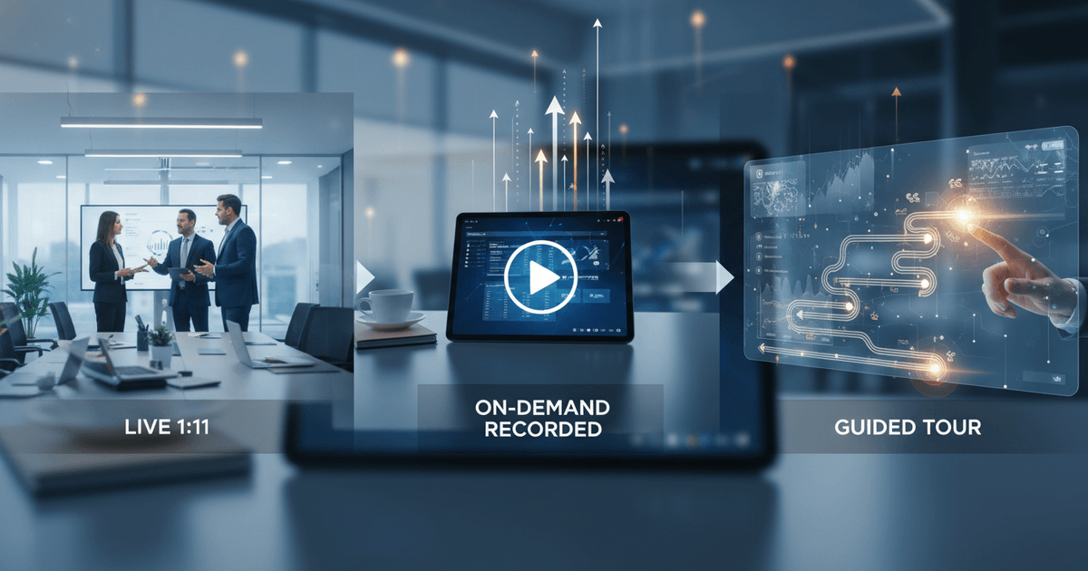 three diverse financial consolidation software demo formats displayed on separate screens with user interaction elements