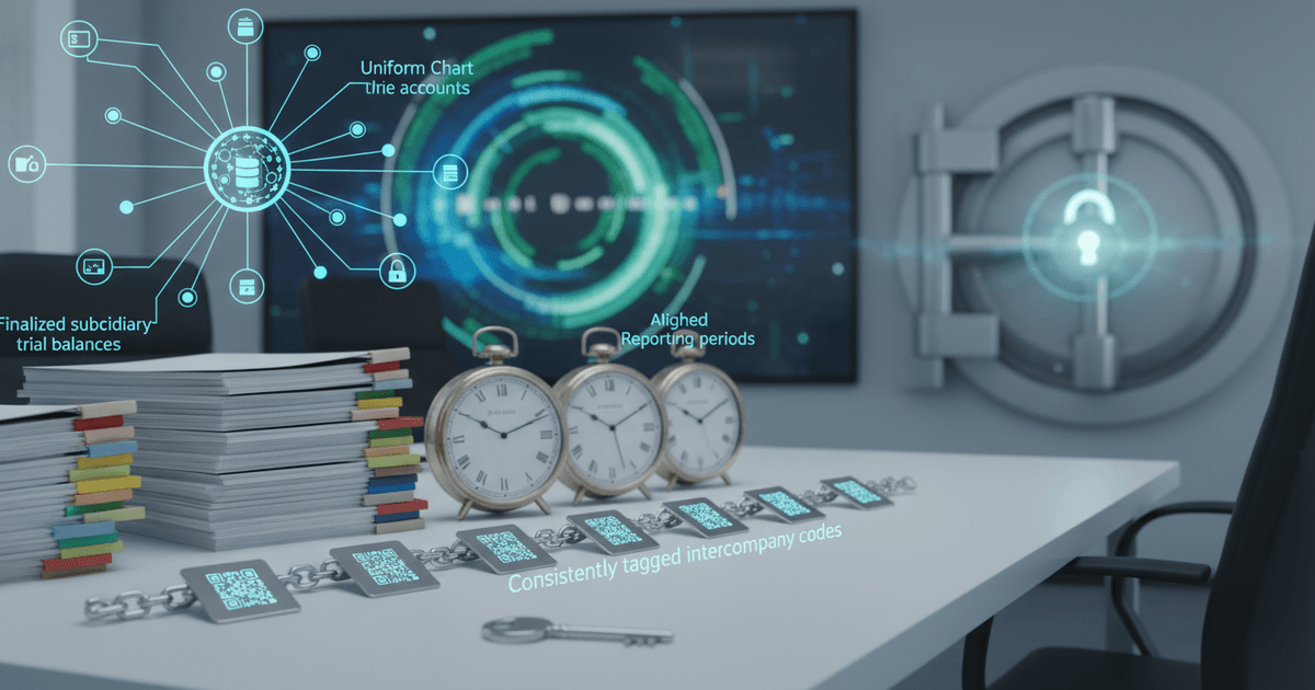 financial team reviewing subsidiary trial balances and charts of accounts for intercompany transaction elimination