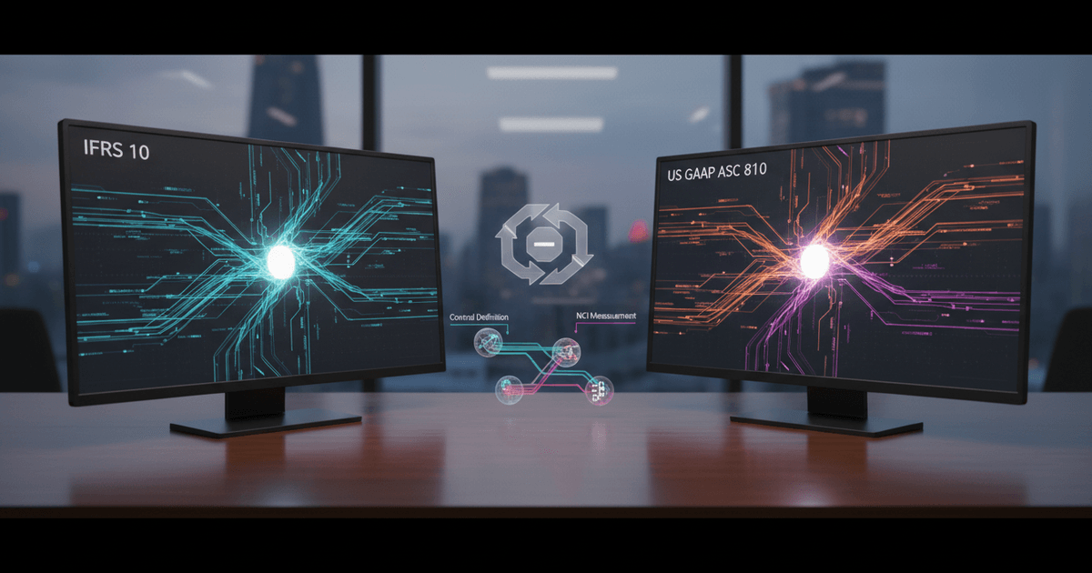 Diagram comparing IFRS 10 and US GAAP ASC 810 rules on how to eliminate intercompany transactions in consolidation between subsidiaries