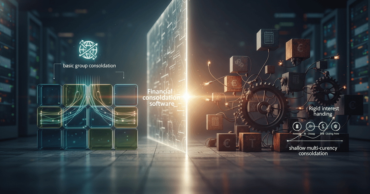 abstract digital interface showing interconnected financial data streams representing financial consolidation software vs ERP consolidation module