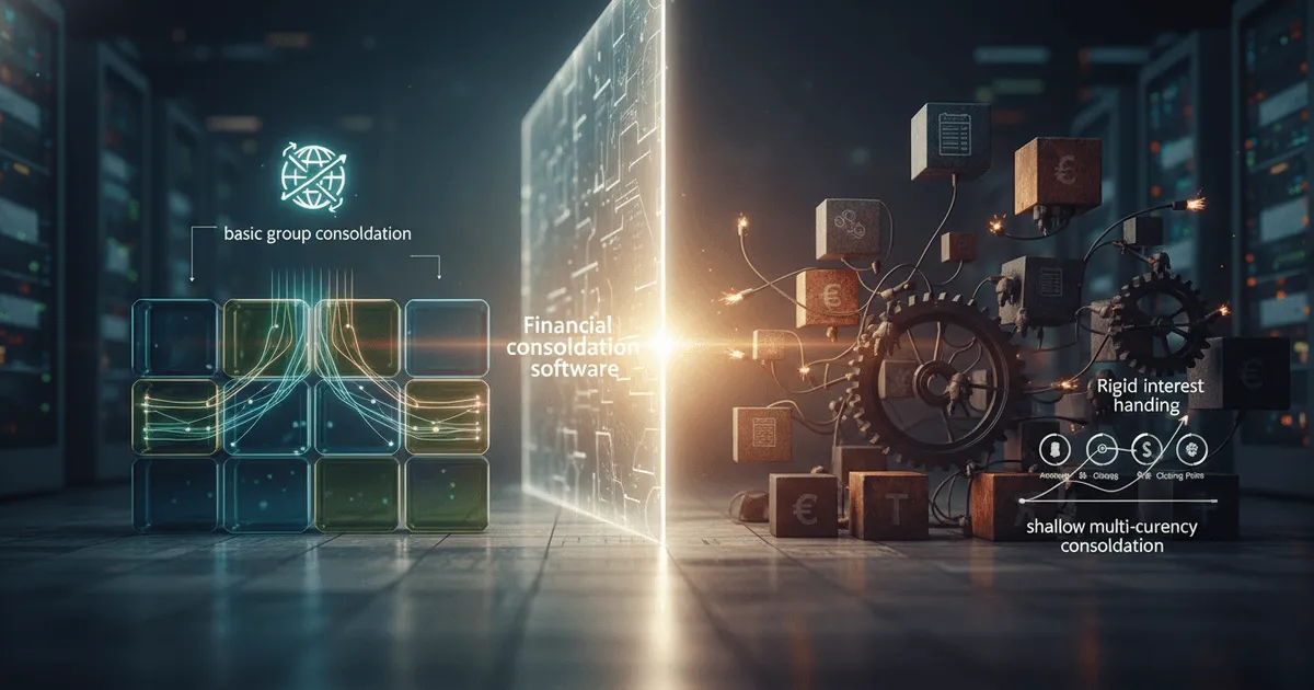 abstract digital interface showing interconnected financial data streams representing financial consolidation software vs ERP consolidation module