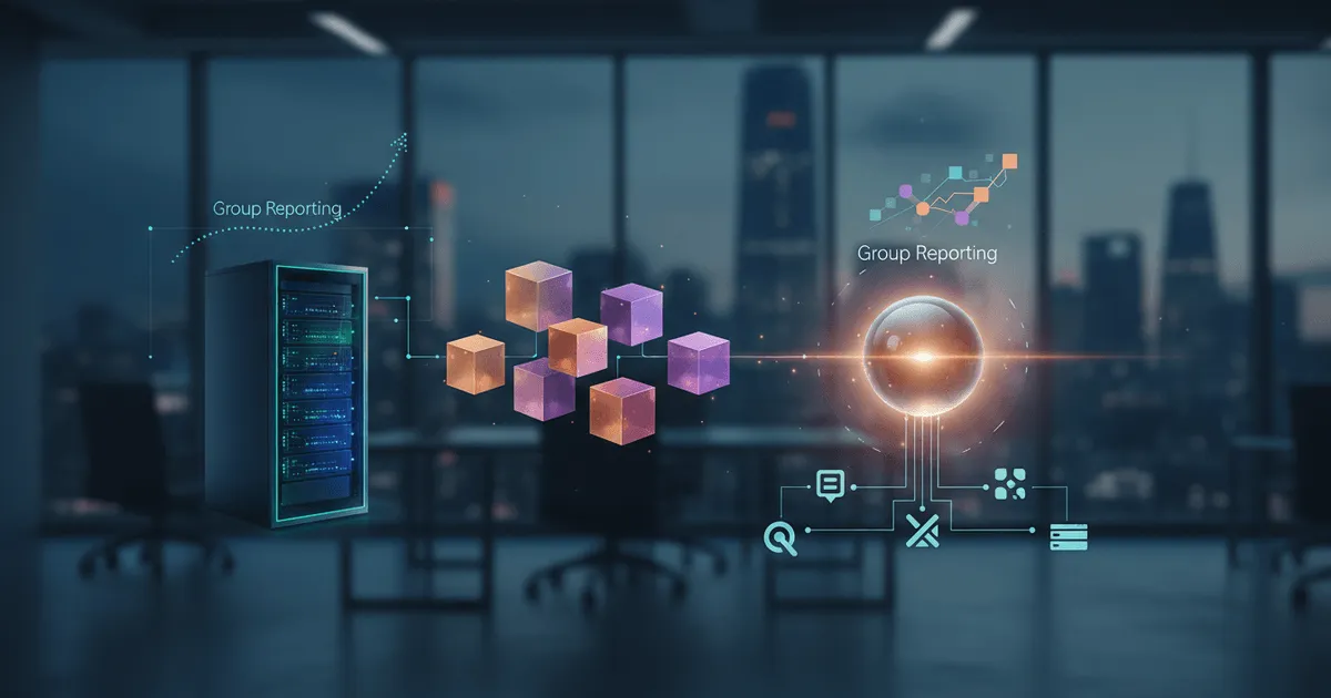 digital illustration showing ERP system connected to dedicated financial consolidation software for hybrid accounting model