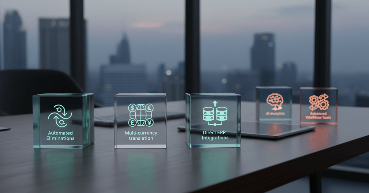 dashboard interface of financial consolidation software showing multi-currency data and automated elimination features