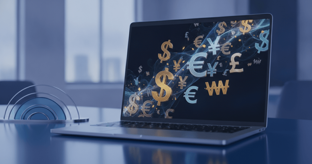 Image of laptop displaying multiple currency codes