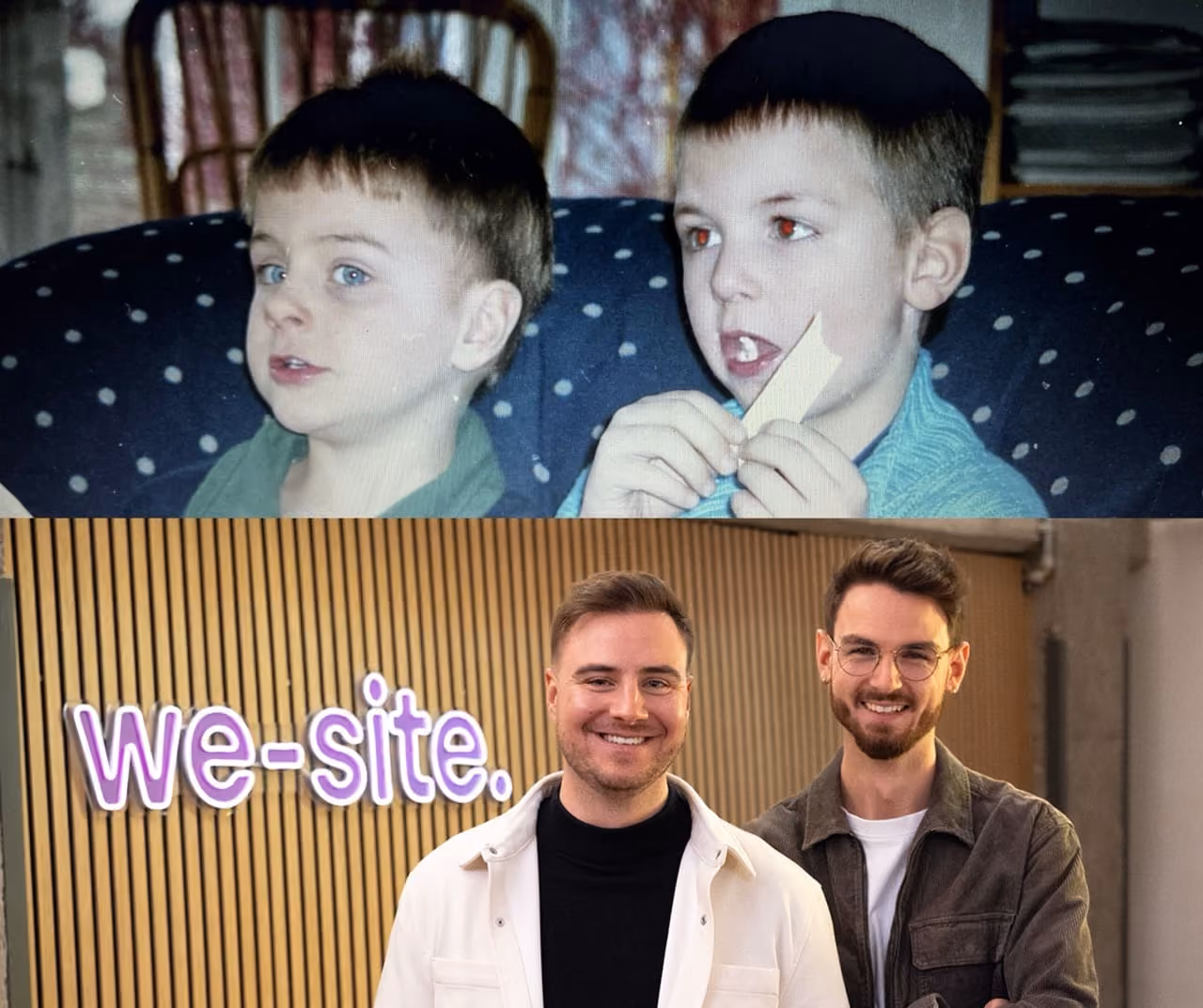 Eine Collage der Gründer von we-site. Ein Bild als Kinder und ein Bild aus diesem Jahr.