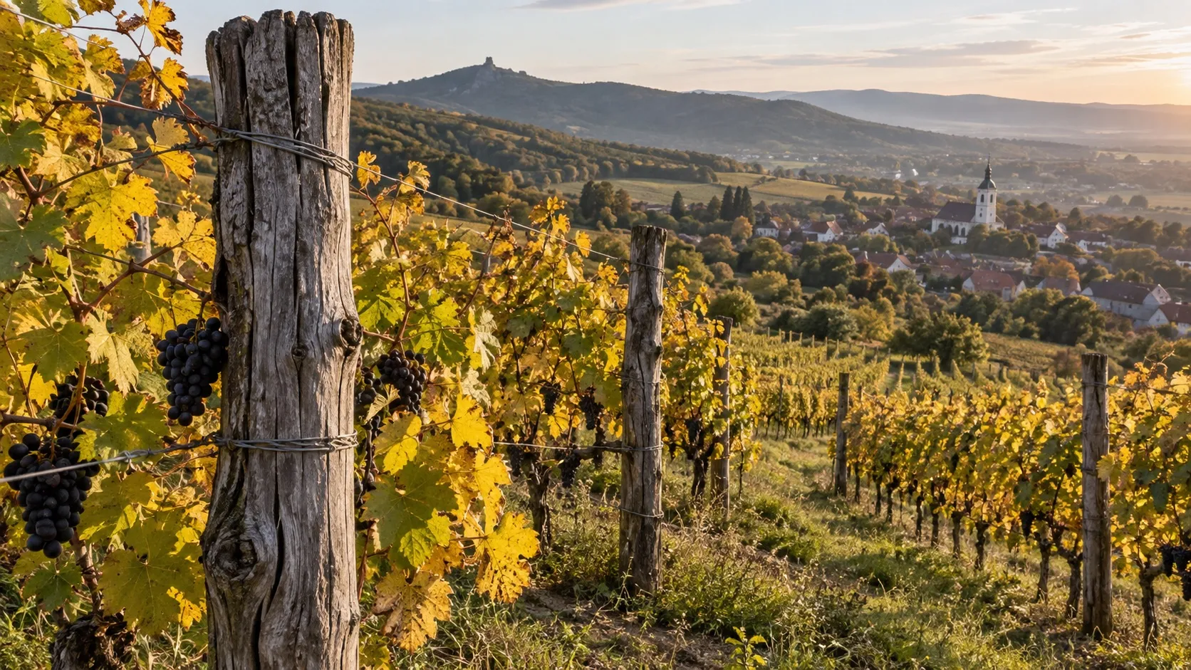 Rady vinice na svahu s drôtenkou napnutou na starých agátových koloch. Koly sú zvetrané do strieborna, s pozdĺžnymi prasklinami, a v diaľke je dedina s kostolom.