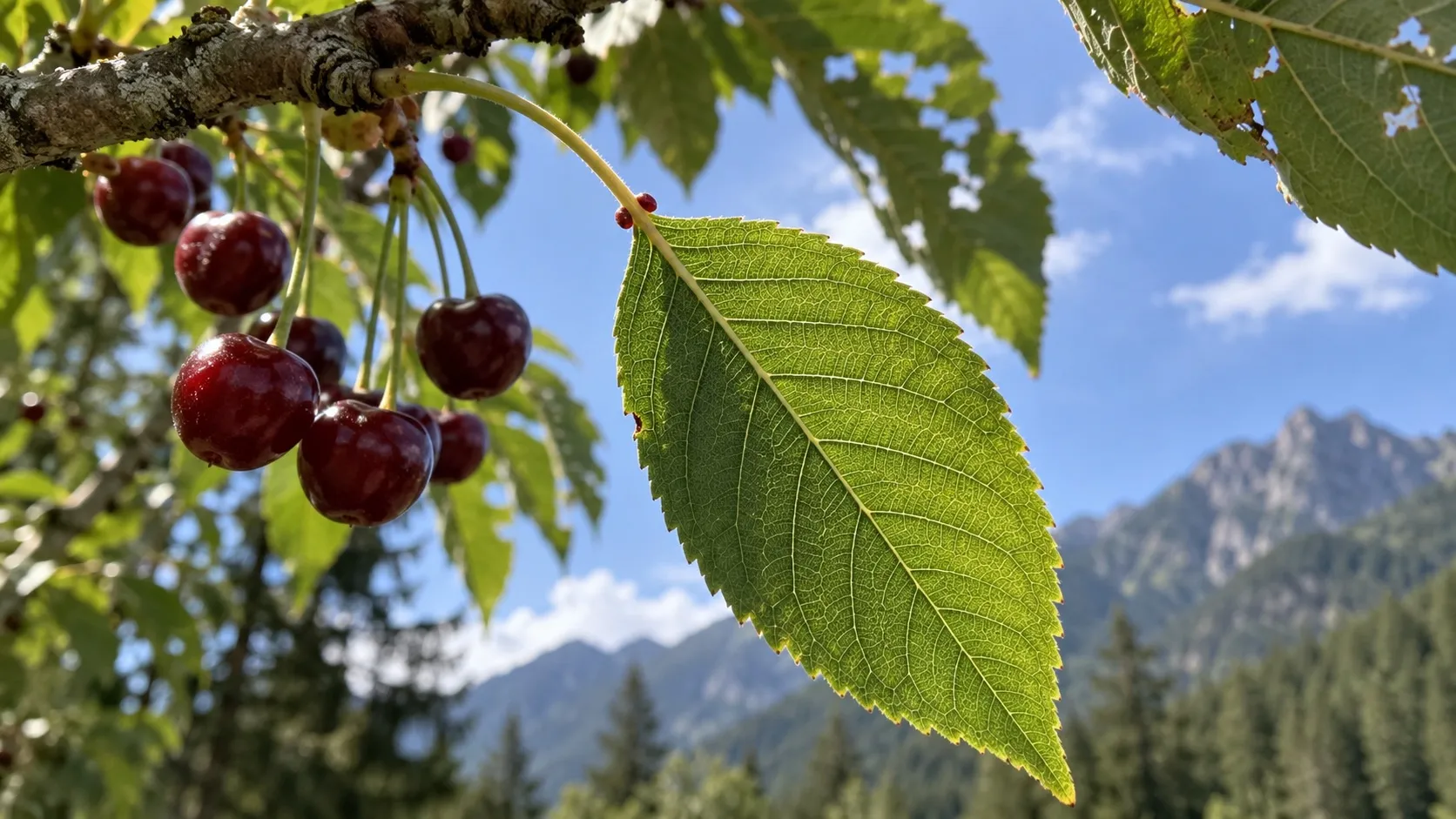 Detail stopky listu čerešne vtáčej tesne pod čepeľou s dvoma drobnými červenými žliazkami. V rozmazanom pozadí visí strapček tmavočervených čerešní.