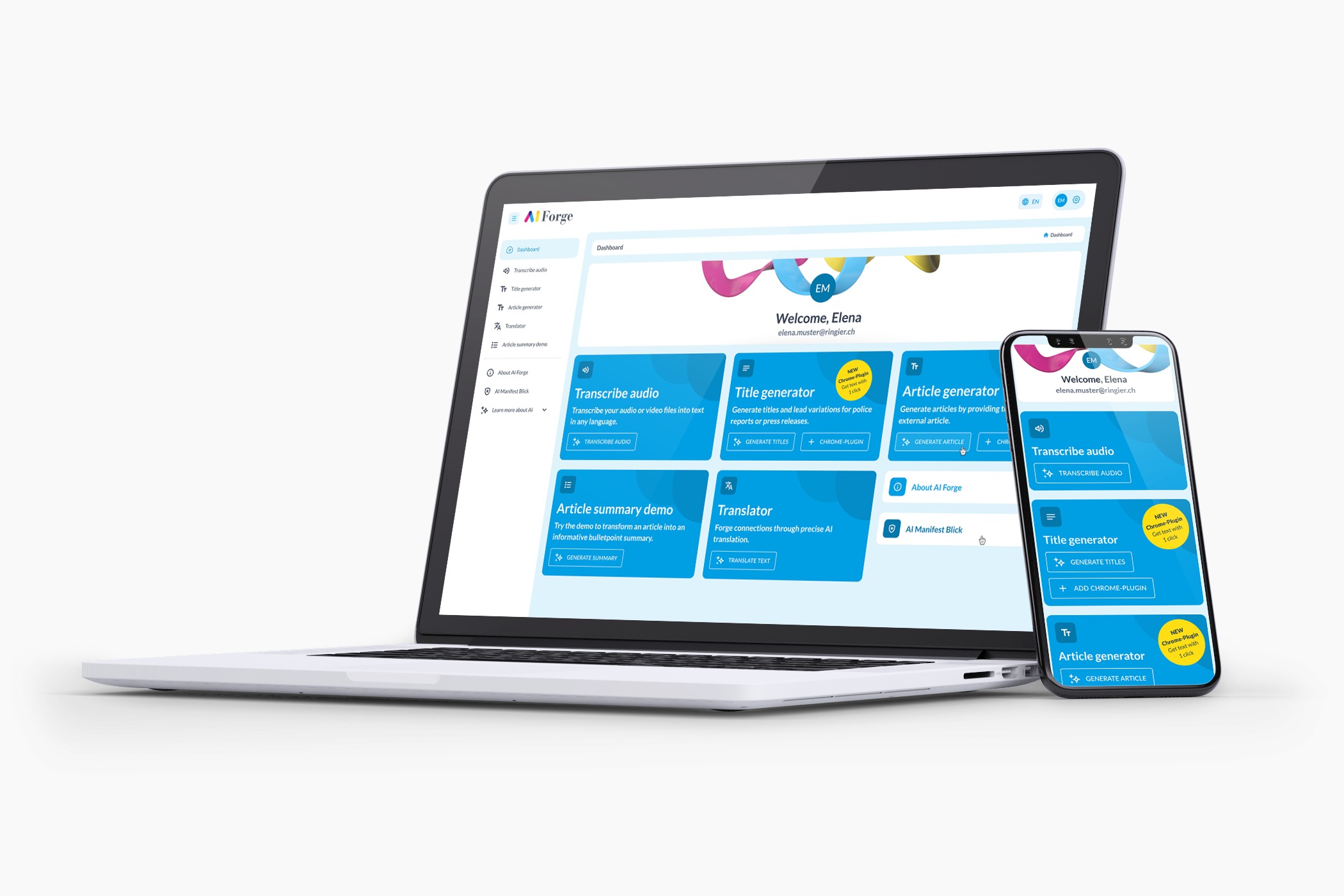 Laptop and smartphone displaying AI Forge dashboard with options like transcribe audio, title generator, article generator, and translator.