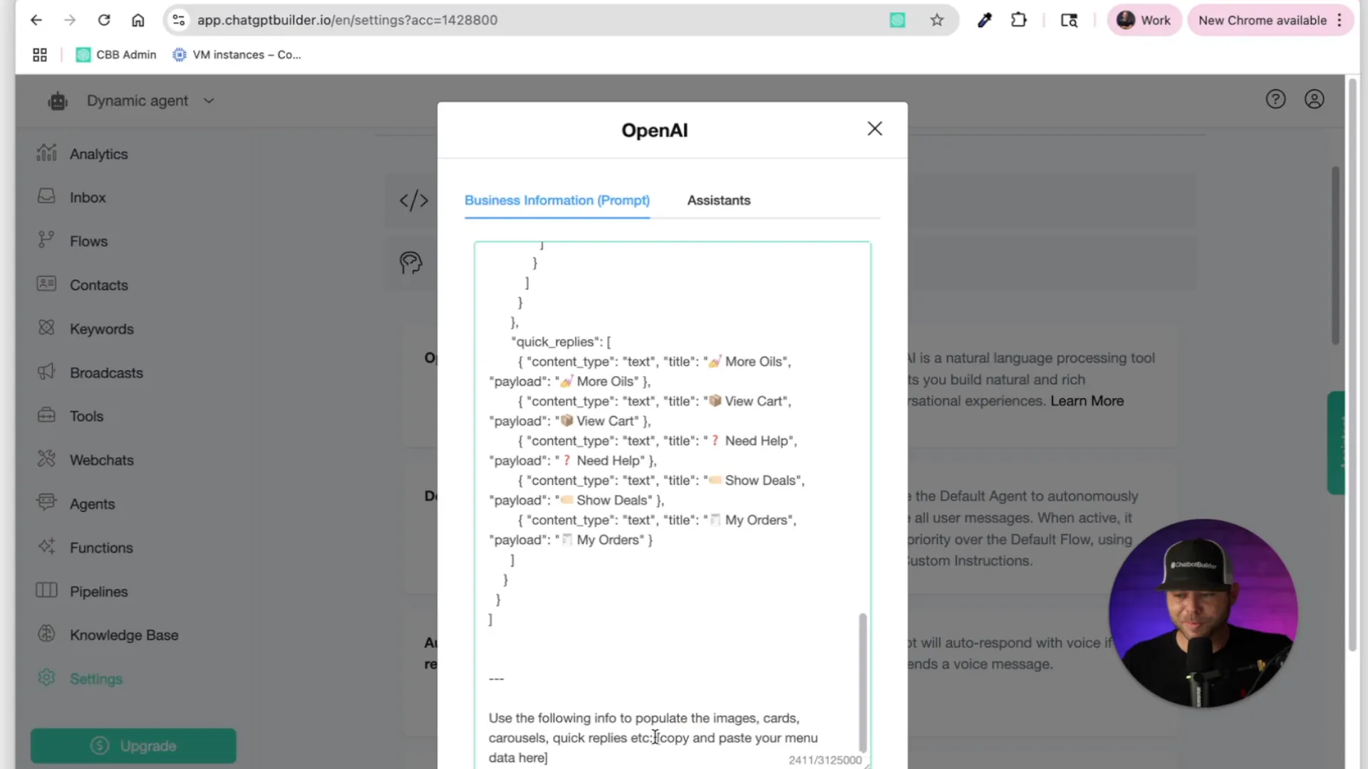 Pasting menu data into system prompt for cards