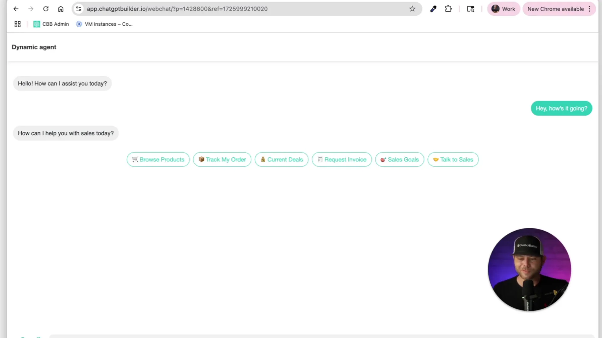 Testing quick replies in web chat